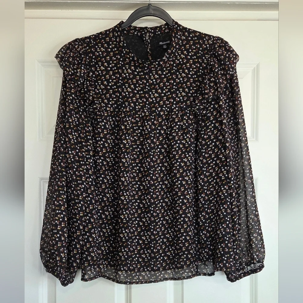 Madewell Black Ditsy Floral Georgette Mockneck Ruffle-Yoke Blouse - Size XXL